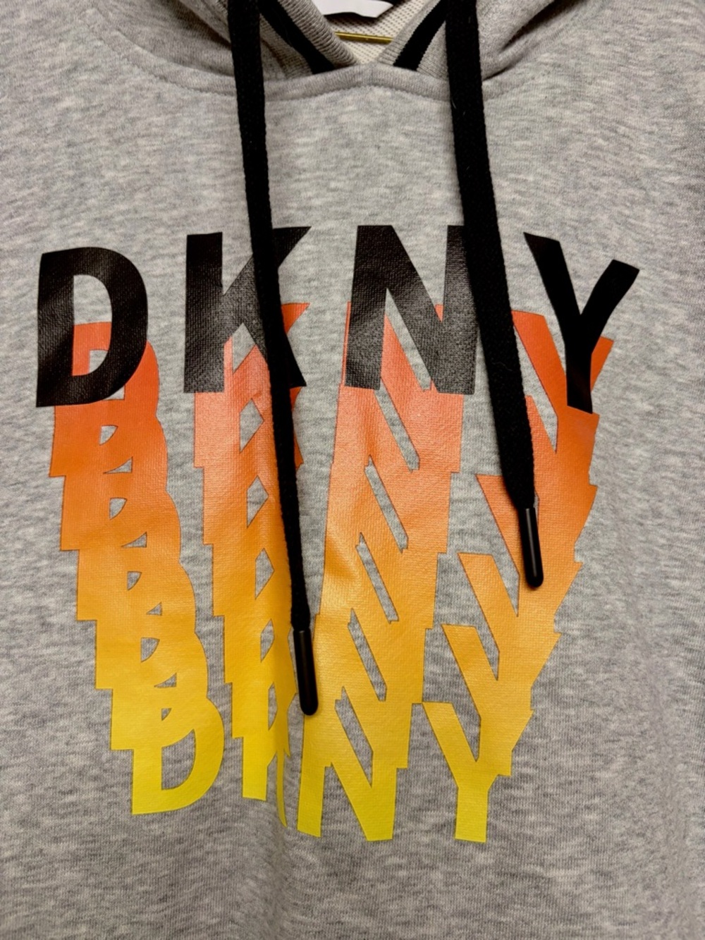 DKNY Light Gray Pullover Hoodie with Black Drawstrings - Picture 3 of 3